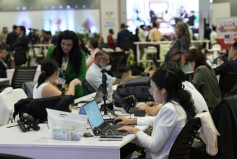 A general view of media centre during the 18th BRICS Summit, at the Bharat Mandapam, in New Delhi, Saturday, Sept. 12, 2026. 
