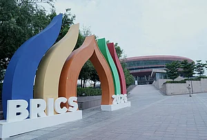 | Photo: Tribhuvan Tiwari/Outlook : A decorative arch setup installed outside Bharat Mandapam for the 18th BRICS Summit, in New Delhi, Saturday, Sept. 12, 2026.