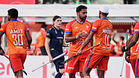 | Photo: AP/Omar Havana : India's Harmanpreet Singh, center left, is congratulated after scoring his sides second goal during the World Cup Field Hockey, 7th and 8th place playoff match, between Belgium and India in Wavre, Belgium, Friday, Aug. 28, 2026.