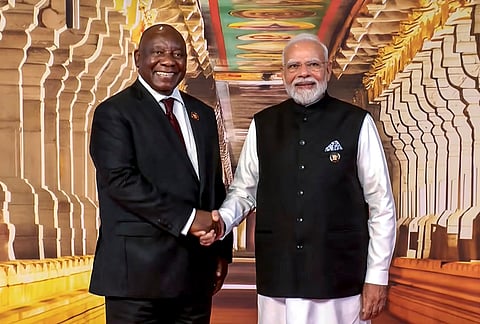 Prime Minister Narendra Modi receives South African President Cyril Ramaphosa before the 18th BRICS Summit, at the Bharat Mandapam, in New Delhi. 
