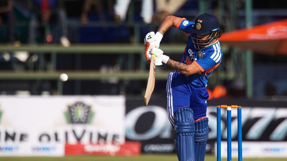 India's batsman Ishan Kishan plays a side shot during the first T20 cricket match between Zimbabwe and India in Harare, Zimbabwe, Thursday, July 23, 2026.  - | Photo: AP/Wonder Mashura