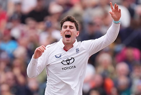England's Dan Lawrence appeals successfully for the wicket of Pakistan's Azan Awais on day three of the third Test in Birmingham, England, Friday Sept. 11, 2026. 
