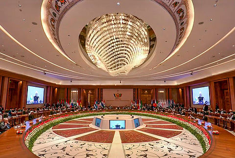 Prime Minister Narendra Modi, Russian President Vladimir Putin, Chinese President Xi Jinping and other world leaders during the 18th BRICS Summit, at the Bharat Mandapam, in New Delhi. 
