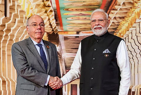 Prime Minister Narendra Modi receives Brazil's Foreign Minister Mauro Vieira before the 18th BRICS Summit, at the Bharat Mandapam, in New Delhi. 