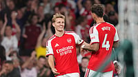 Sunderland Vs Arsenal Live Streaming, Premier League 2026-27: When & Where To Watch On TV & Online | Photo: AP/Kirsty Wigglesworth : Arsenal's Martin Odegaard, left, smiles after scoring his side's third goal during the English Premier League soccer match between Arsenal and Coventry City in London, Friday, Aug. 21, 2026.