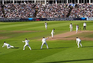 | Photo: Mike Egerton/PA via AP : England's Jordan Cox catches out Pakistan's Ghazi Ghori from the delivery of Gus Atkinson on day three of the third cricket Test between England and Pakistan in Birmingham, England, Friday, Sept. 11, 2026.
