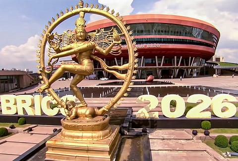 A statue of 'Nataraja' at the premises of Bharat Mandapam during the 18th BRICS Summit 2026, in New Delhi. 
