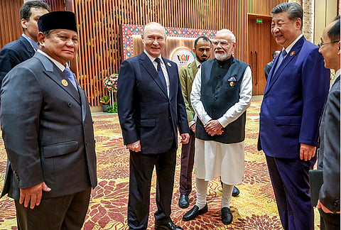Prime Minister Narendra Modi with Chinese President Xi Jinping, Russian President Vladimir Putin, Indonesian President Prabowo Subianto and others during the 18th BRICS Summit, at the Bharat Mandapam, in New Delhi. 
