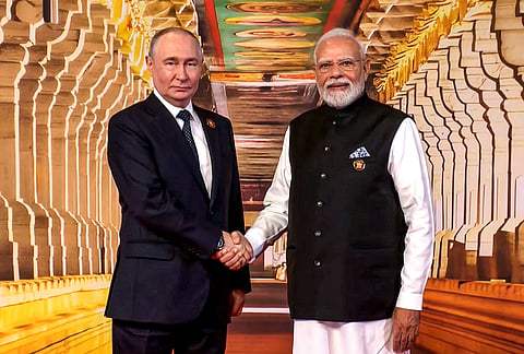 Prime Minister Narendra Modi receives Russian President Vladimir Putin before the 18th BRICS Summit, at the Bharat Mandapam, in New Delhi. 
