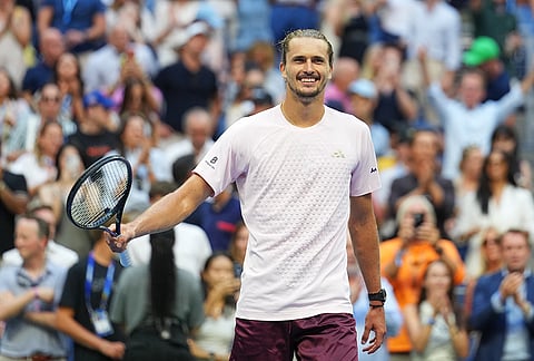 Alexander Zverev, of Germany, celebrates winning a match against Karen Khachanov, of Russia, during the men's singles semifinals of the U.S. Open tennis championships, Friday, Sept. 11, 2026, in New York. 