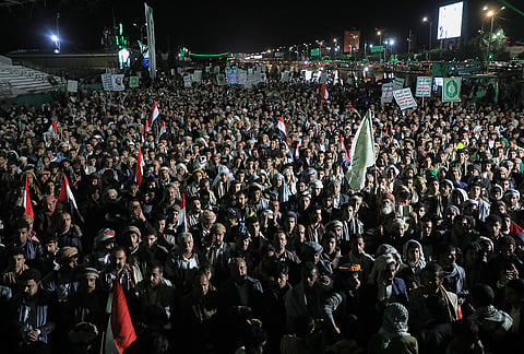 Supporters of Yemen's Houthi rebels gather during a rally organized to celebrate the group's capture of Mayun Island in the strategic Bab el-Mandeb Strait, in Houthi-controlled Sanaa, Yemen, Friday, Sept. 11, 2026. 