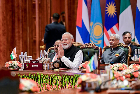 Prime Minister Narendra Modi during the closed session for BRICS member countries amid 18th BRICS Summit, in New Delhi. 