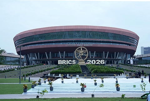 Bharat Mandapam, the venue for the 18th BRICS Summit, is seen in New Delhi.