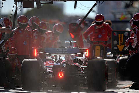 Ferrari driver Charles Leclerc of Monaco gets a pit service during the second free practice ahead of the Spanish Formula One Grand Prix, in Madrid, Friday, Sept. 11, 2026. 