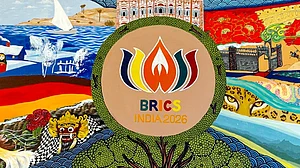 | Photo: @MEAIndia/X via PTI : In this image posted on Sept. 10, 2026, A decor features a logo of the 18th BRICS Summit, in New Delhi.