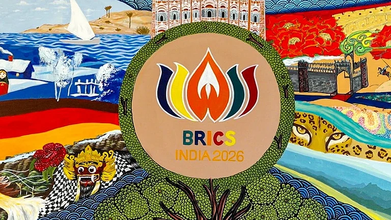 In this image posted on Sept. 10, 2026, A decor features a logo of the 18th BRICS Summit, in New Delhi. - | Photo: @MEAIndia/X via PTI
