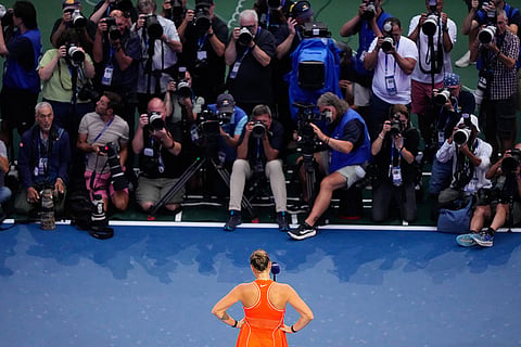 Aryna Sabalenka, of Belarus, speaks after she lost the women's singles final of the U.S. Open tennis championships against Elena Rybakina, of Kazakhstan in New York.