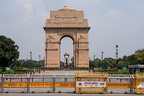 Deserted premises of the India Gate during the 18th BRICS Summit, in New Delhi.