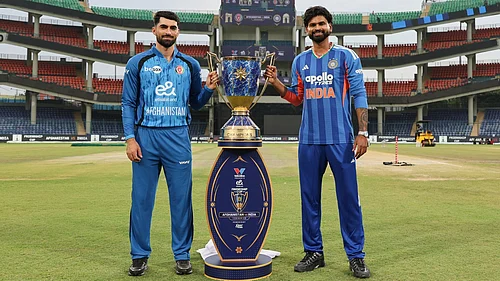 BCCI/X : Ibrahim Zadran (right) and Shreyas Iyer (left) posing with the trophy for the three-match T20I series