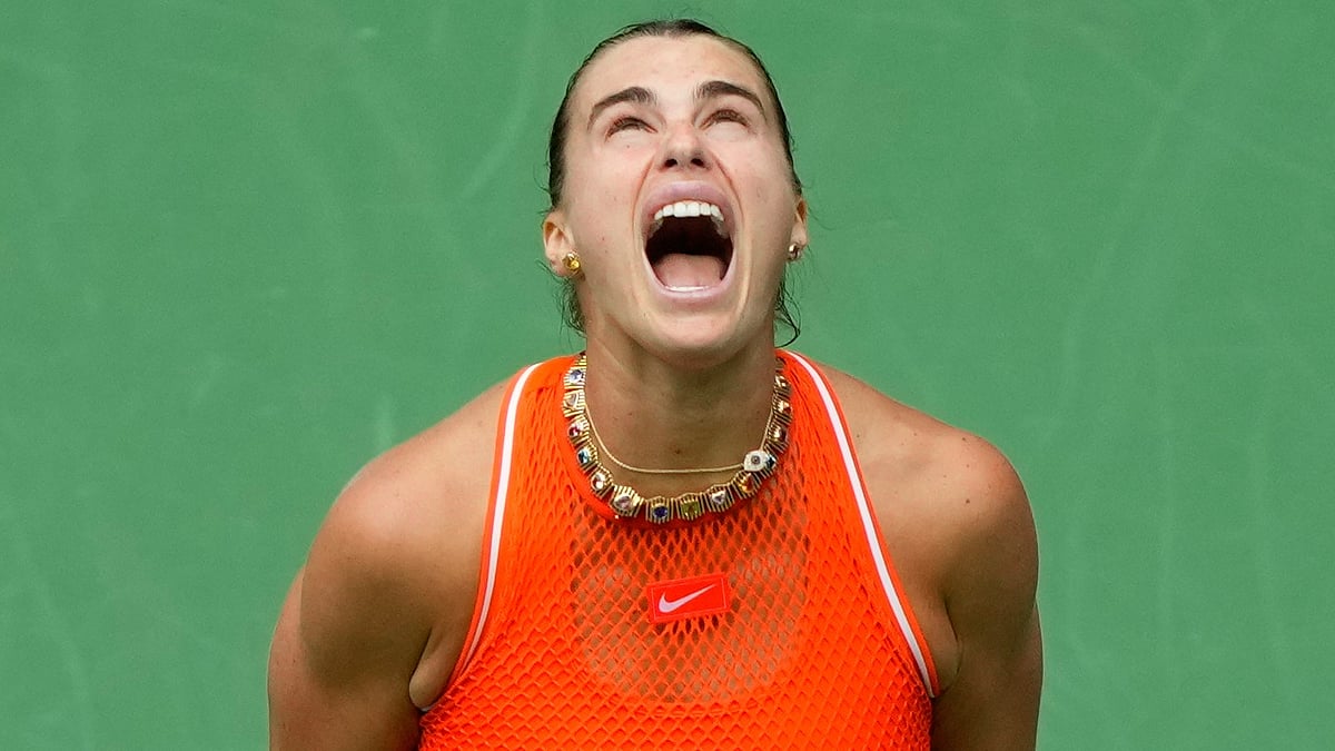 Aryna Sabalenka, of Belarus, reacts during the women's singles final of the U.S. Open tennis championships against Elena Rybakina, of Kazakhstan, Saturday, Sept. 12, 2026, in New York -  (AP Photo/Yuki Iwamura)