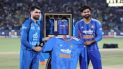 Shreyas Iyer gifted Ibrahim Zadran a signed jersey before the first T20I in New Delhi. - X/@BCCI