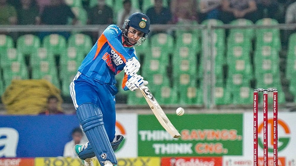 India's Smriti Mandhana plays a shot during the fourth T20 International cricket match of a series between India Women and Sri Lanka Women, at Greenfield International Stadium, in Thiruvananthapuram, Kerala. - | Photo: PTI