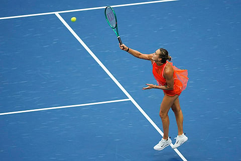 Aryna Sabalenka, of Belarus, returns a shot to Elena Rybakina, of Kazakhstan, during the women's singles final of the U.S. Open tennis championships in New York.