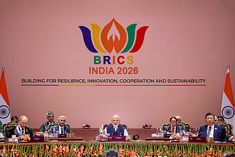 In this image released on Sept. 13, 2026, Prime Minister Narendra Modi with Russian President Vladimir Putin and Chinese President Xi Jinping, at Bharat Mandapam on the second day of the BRICS Summit 2026, in New Delhi.