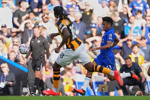 Chelsea's Estevao, right, in action during the English Premier League soccer match between Chelsea and Hull City in London.