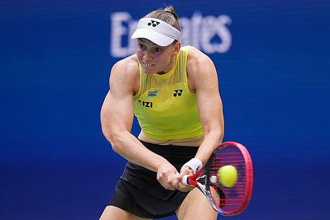 Elena Rybakina, of Kazakhstan, returns the ball to Aryna Sabalenka, of Belarus, during the women's singles final of the U.S. Open tennis championships in New York.