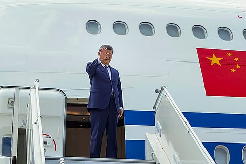 In this image released on Sept. 13, 2026, Chinese President Xi Jinping boards his aircraft upon completing his visit to attend the 18th BRICS Summit, in New Delhi.