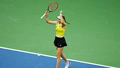 Elena Rybakina, of Kazakhstan, reacts after she won her match against Aryna Sabalenka, of Belarus, at the women's singles final of the U.S. Open tennis championships Saturday, Sept. 12, 2026, in New York - (AP Photo/Yuki Iwamura)