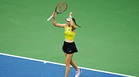 (AP Photo/Yuki Iwamura) : Elena Rybakina, of Kazakhstan, reacts after she won her match against Aryna Sabalenka, of Belarus, at the women's singles final of the U.S. Open tennis championships Saturday, Sept. 12, 2026, in New York
