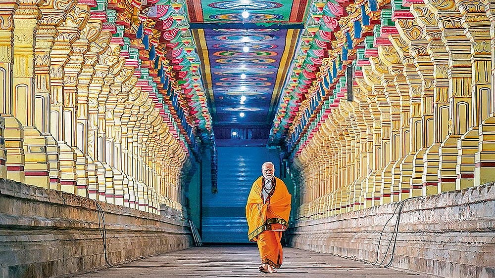 Prime Minister Narendra Modi at Ramanathaswamy Temple in Rameswaram on January 20, 2024. - Photo: PTI