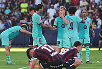 Lamine Yamal Leads Barcelona To Fifth Straight La Liga Victory | Photo: AP/Alberto Saiz : Barcelona's players celebrate at the end of the Spanish La Liga soccer match between Levante and Barcelona in Valencia, Spain, Sunday, Sept. 13, 2026.