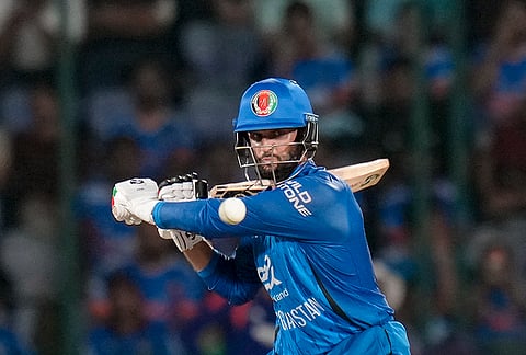 Afghanistan's Azmatullah Omarzai plays a shot during the first T20I cricket match between India and Afghanistan, in New Delhi, Sunday, Sept. 13, 2026.