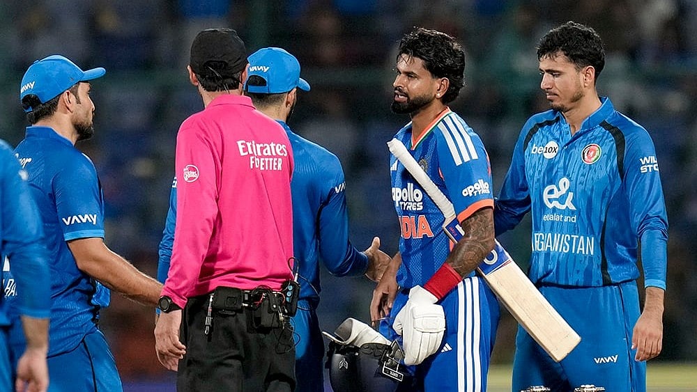 India's captain Shreyas Iyer, second right, shakes hand with Afghanistan players after winning in the first T20I cricket match between India and Afghanistan, in New Delhi, Sunday, Sept. 13, 2026.  - | Photo: PTI/Money Sharma