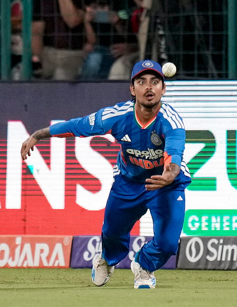 India's Ishan Kishan misses a catch during the first T20I cricket match between India and Afghanistan, in New Delhi, Sunday, Sept. 13, 2026. 