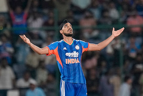 India's Arshdeep Singh celebrates after the wicket of Afghanistan's Mohammad Nabi during the first T20I cricket match between India and Afghanistan, in New Delhi, Sunday, Sept. 13, 2026.