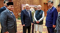 | Photo: MEA via PTI  : Prime Minister Narendra Modi with Chinese President Xi Jinping, Russian President Vladimir Putin, Indonesian President Prabowo Subianto and others during the 18th BRICS Summit, at the Bharat Mandapam, in New Delhi. 