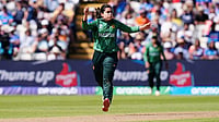 | Photo: Jacob King/PA via AP : Pakistan's Fatima Sana bowls during the ICC Women's T20 World Cup, Group 1 cricket match between India and Pakistan in Birmingham, England.