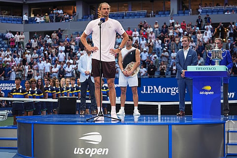 Alexander Zverev, of Germany, speaks after winning the men's singles final of the U.S. Open tennis championships against Ben Shelton, of the United States in New York.