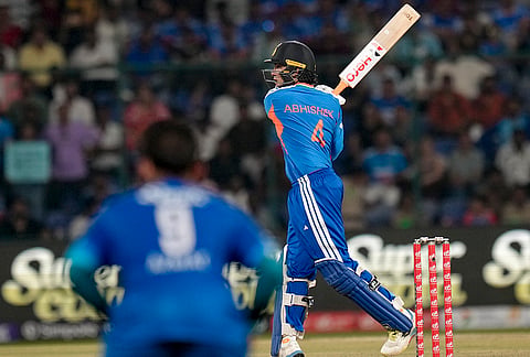 India's Abhishek Sharma plays a shot during the first T20I cricket match between India and Afghanistan, in New Delhi, Sunday, Sept. 13, 2026. 