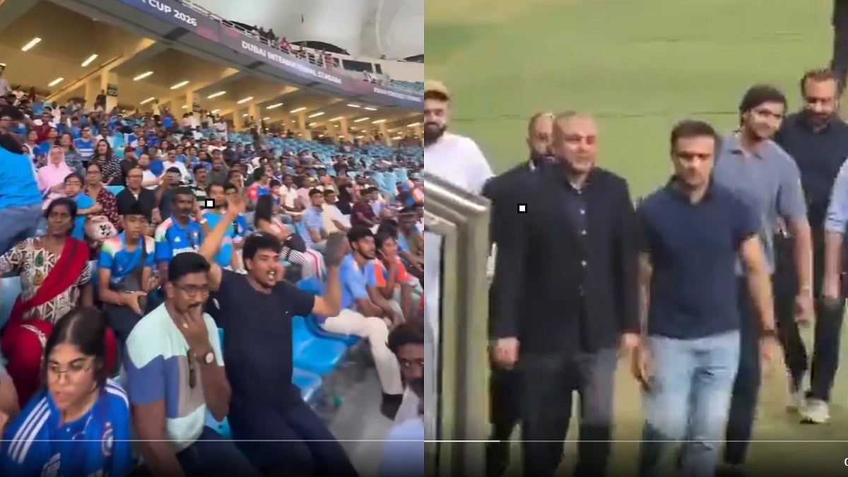 X : Fans chanting 'trophy chor' in the left as Mohsin Naqvi (right) leaves the stadium with the trophy 