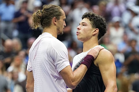 Alexander Zverev, of Germany, left, greets Ben Shelton, of the United States, after Zverev won the men's singles final of the U.S. Open tennis championships in New York.