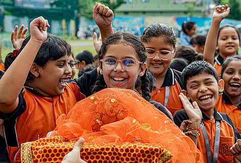 Students celebrate 'Ganesh Chaturthi' festival at a school, in Haldwani, Uttarakhand, Monday, Sept. 14, 2026. 