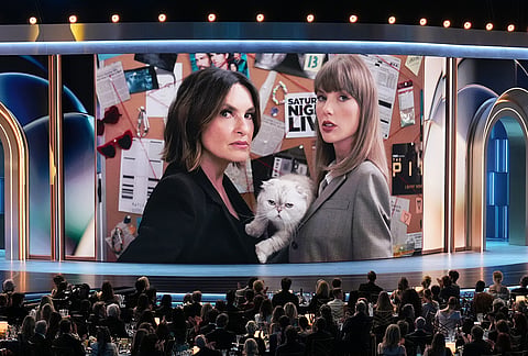 Host Mariska Hargitay left, and Taylor Swift in a "Law and Order: SVU" skit during the 78th Emmy Awards on Monday, Sept. 14, 2026, at the Peacock Theater in Los Angeles. 