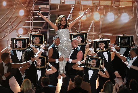 Host Mariska Hargitay, center, performs during the 78th Emmy Awards on Monday, Sept. 14, 2026, at the Peacock Theater in Los Angeles. 