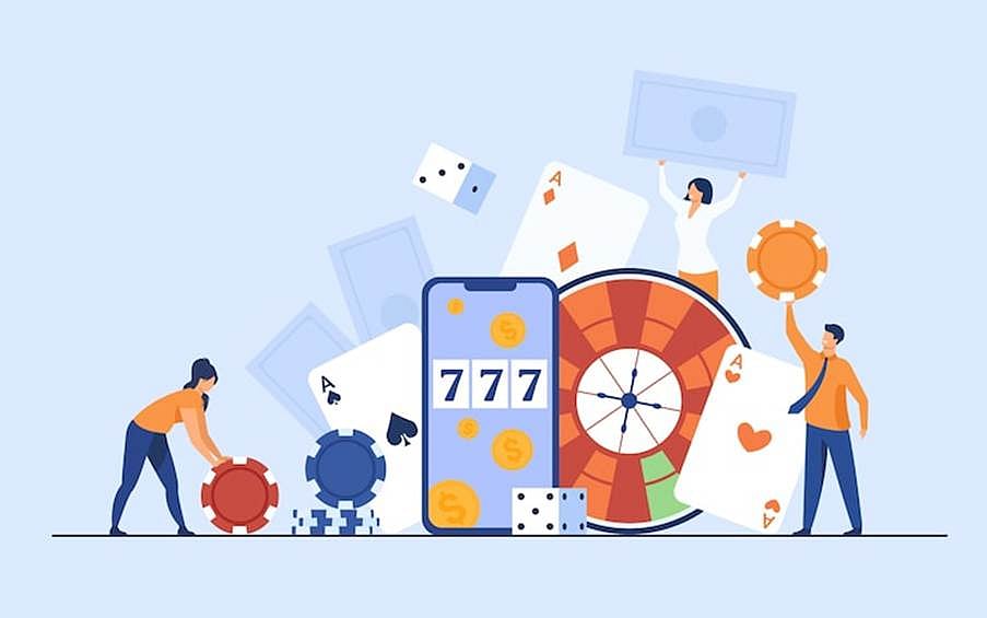 Illustration of people playing online casino game on a smartphone showing 777.