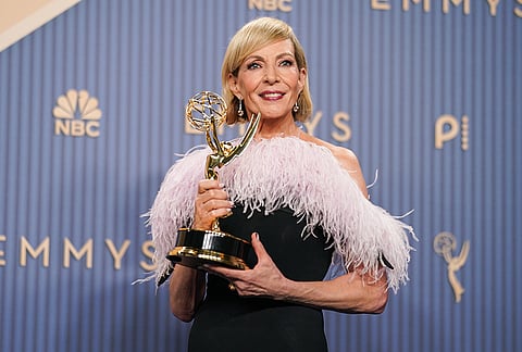 Allison Janney poses in the press room with the award for outstanding supporting actress in a drama series for "The Diplomat" during the 78th Emmy Awards on Monday, Sept. 14, 2026, at the JW Marriott in Los Angeles. 